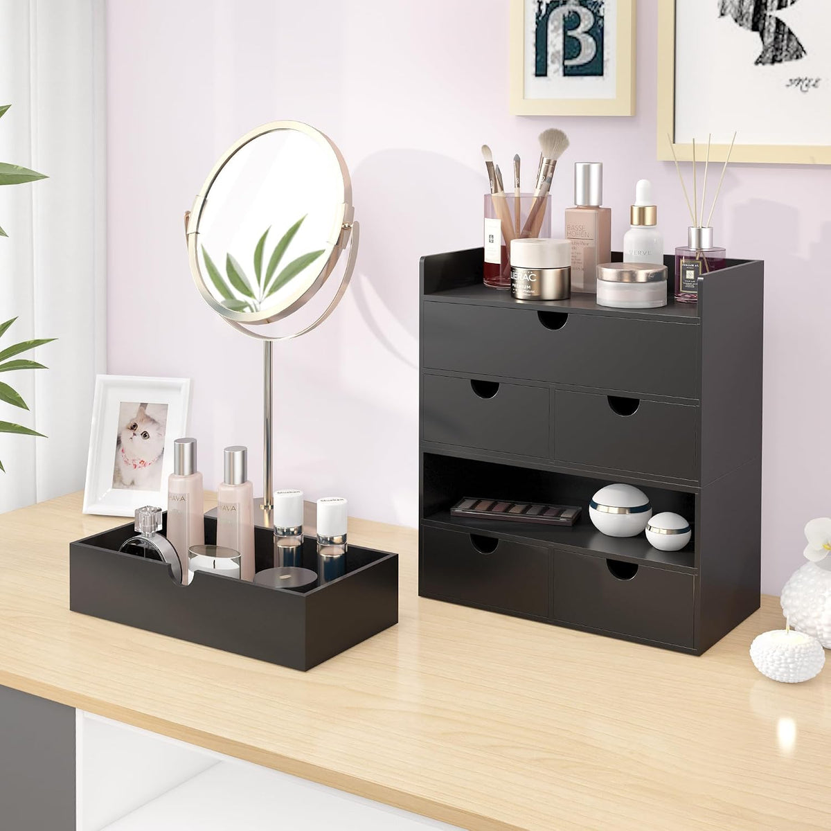 Bamboo Desk Organizer with Drawers Desktop Storage Drawers for Bills Office S...
