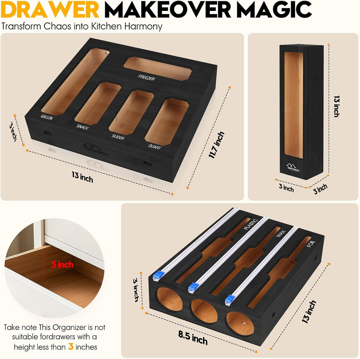 9 in 1 Foil and Plastic Wrap Dispenser with Cutter, Black Bamboo Ziplock Bag ...