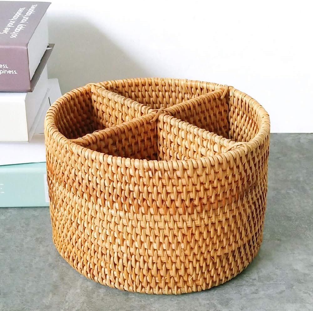 i-lan Natural Rattan 4 Compartments Storage Holder Cosmetics Organizer Utensi...