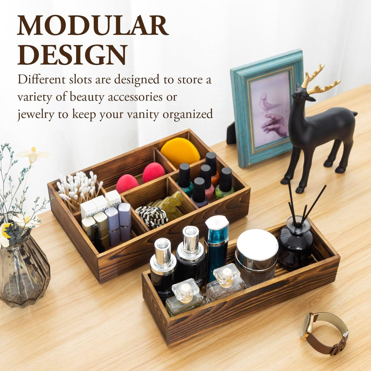 MyGift Counter Storage Organizer, 2 Tier Rustic Burnt Solid Wood Stackable Mo...