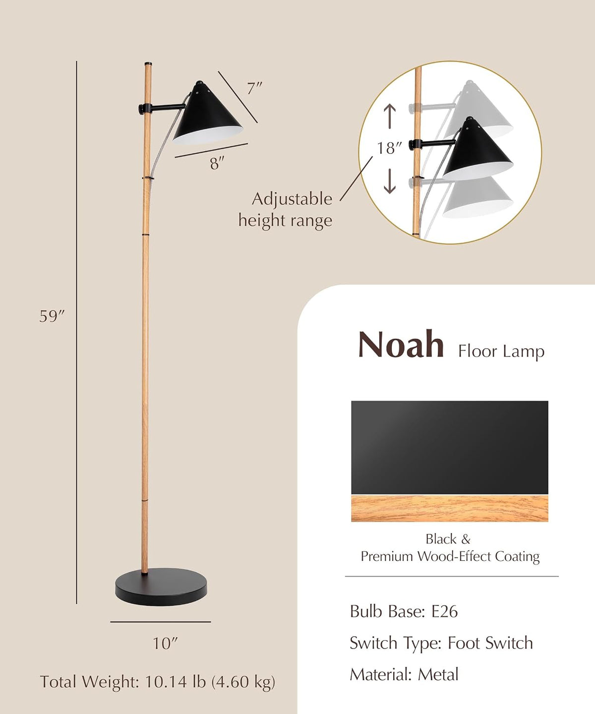 HarvestLand Noah 59" Wood Effect Adjustable Floor Lamp, Reading Lamp