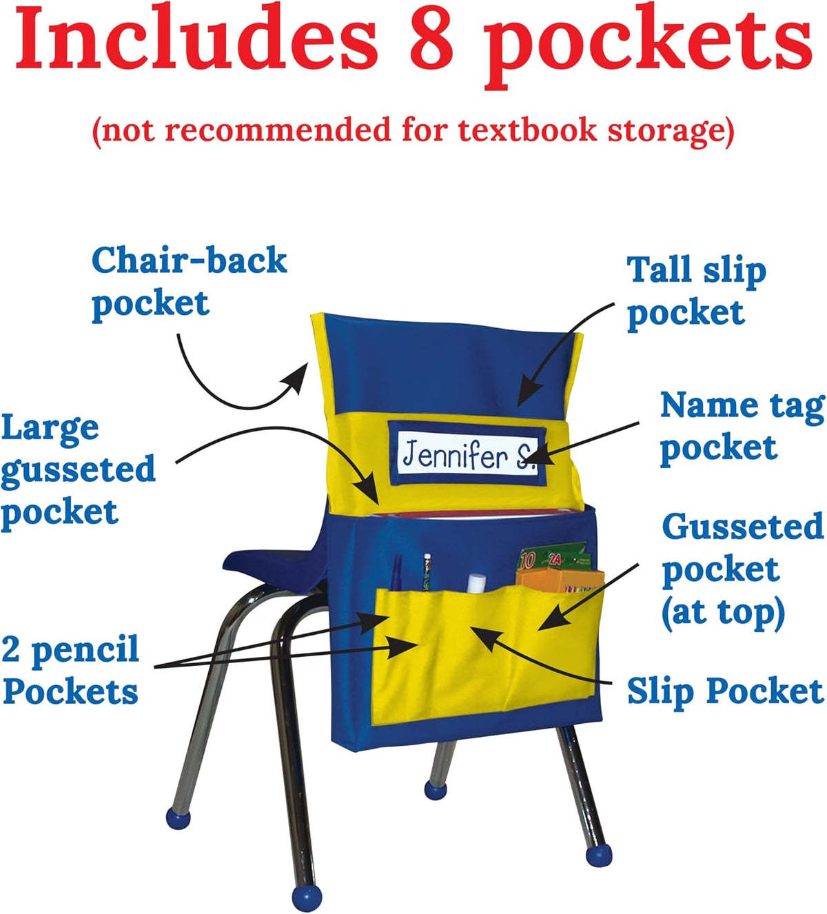 Carson Dellosa Chair Pockets for Classroom, Yellow & Blue, 6-Pack