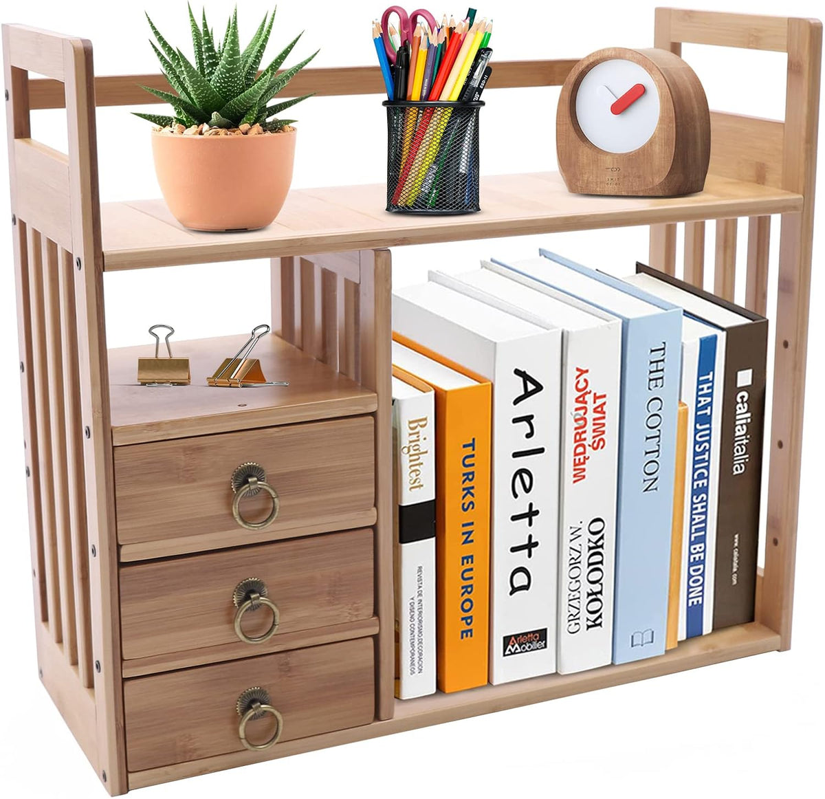 Bamboo Desk Book Shelf,Desktop Bookshelf Storage Rack Tabletop Standing Organ...