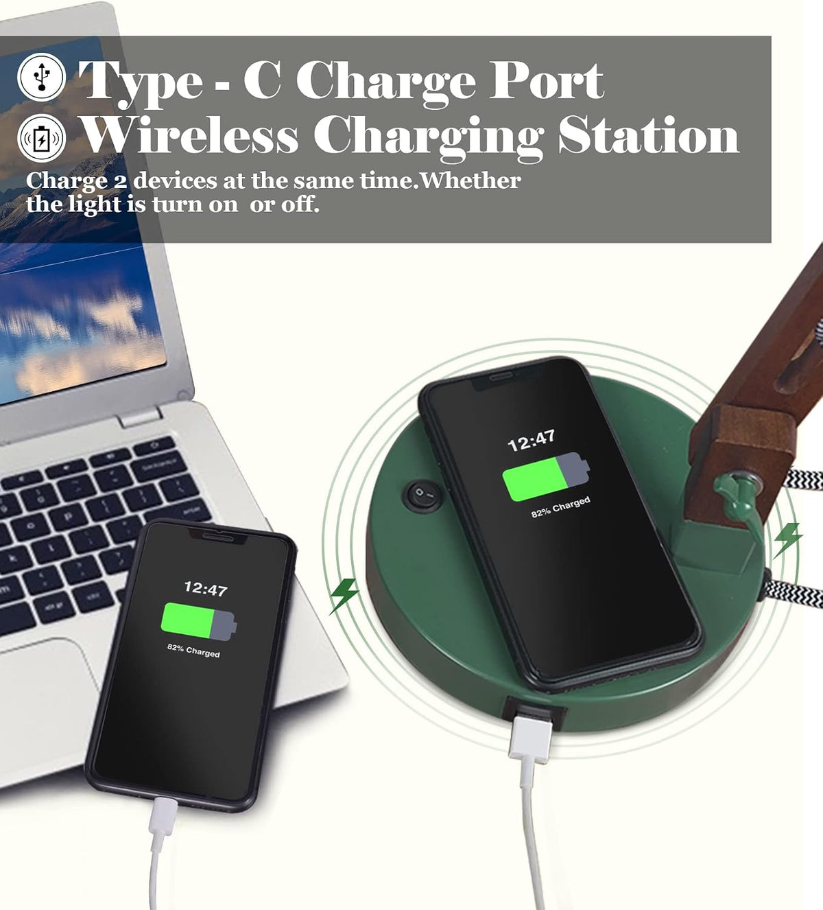 ELYONA LED Desk Lamp with Wireless Charger, Sapele Wood Reading Light with US...
