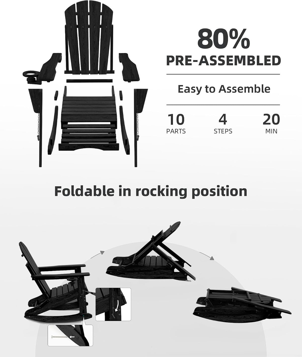 Folding Adirondack Rocking Chair 4-in-1 Retractable Ottoman,Black