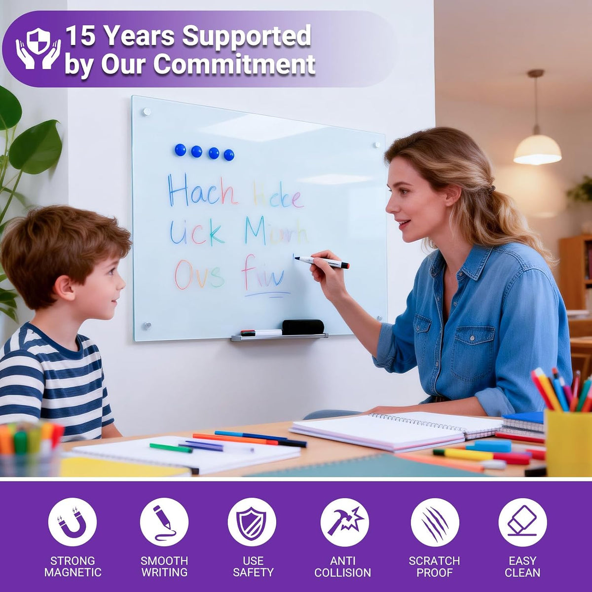 Magnetic Glass Whiteboard - 36” x 24” Glass Dry Erase Board for wall, Framele...
