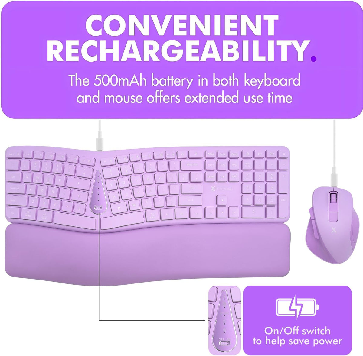 X9 Ergonomic Keyboard and Mouse Wireless Combo - Purple Keyboard and Mouse Wi...