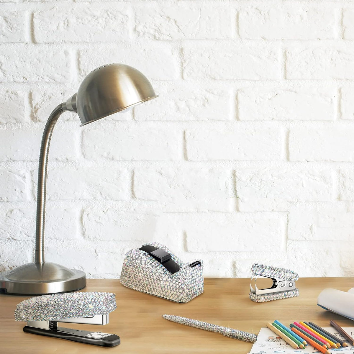 Demissle 6 Pcs Bling Office Desk Accessories Crystal Kit, White