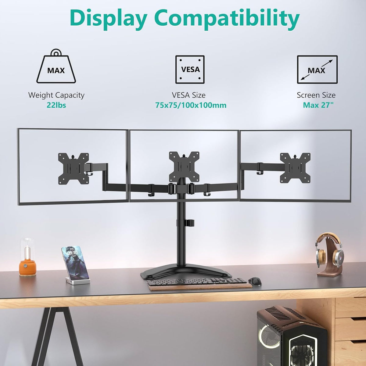 WALI Triple Monitor Stand, Free Standing for 13-27 inch Screens,up to 22lbs