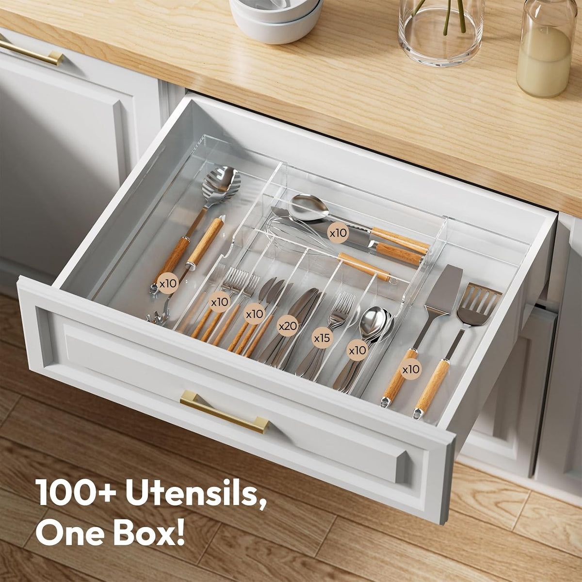NIUBEE Acrylic Utensil Silverware Tray for Drawer, Clear Cutlery Organizer
