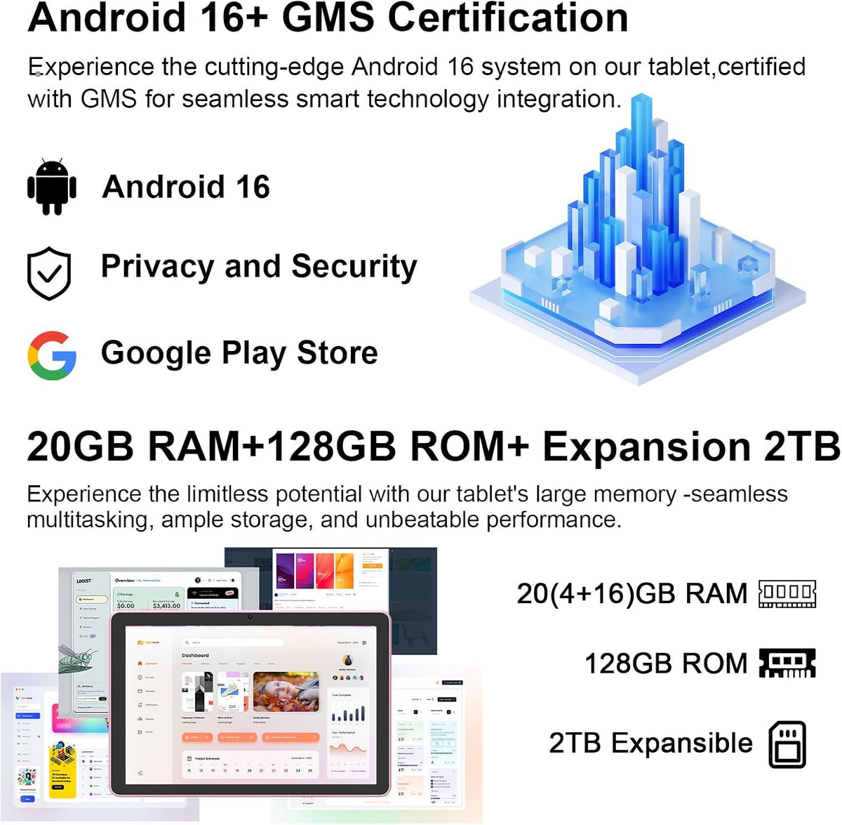 CUPEISI Android 16 Tablet 10 Inch, 20GB RAM+128GB ROM/ 2TB Expandable, 2.0GHz...