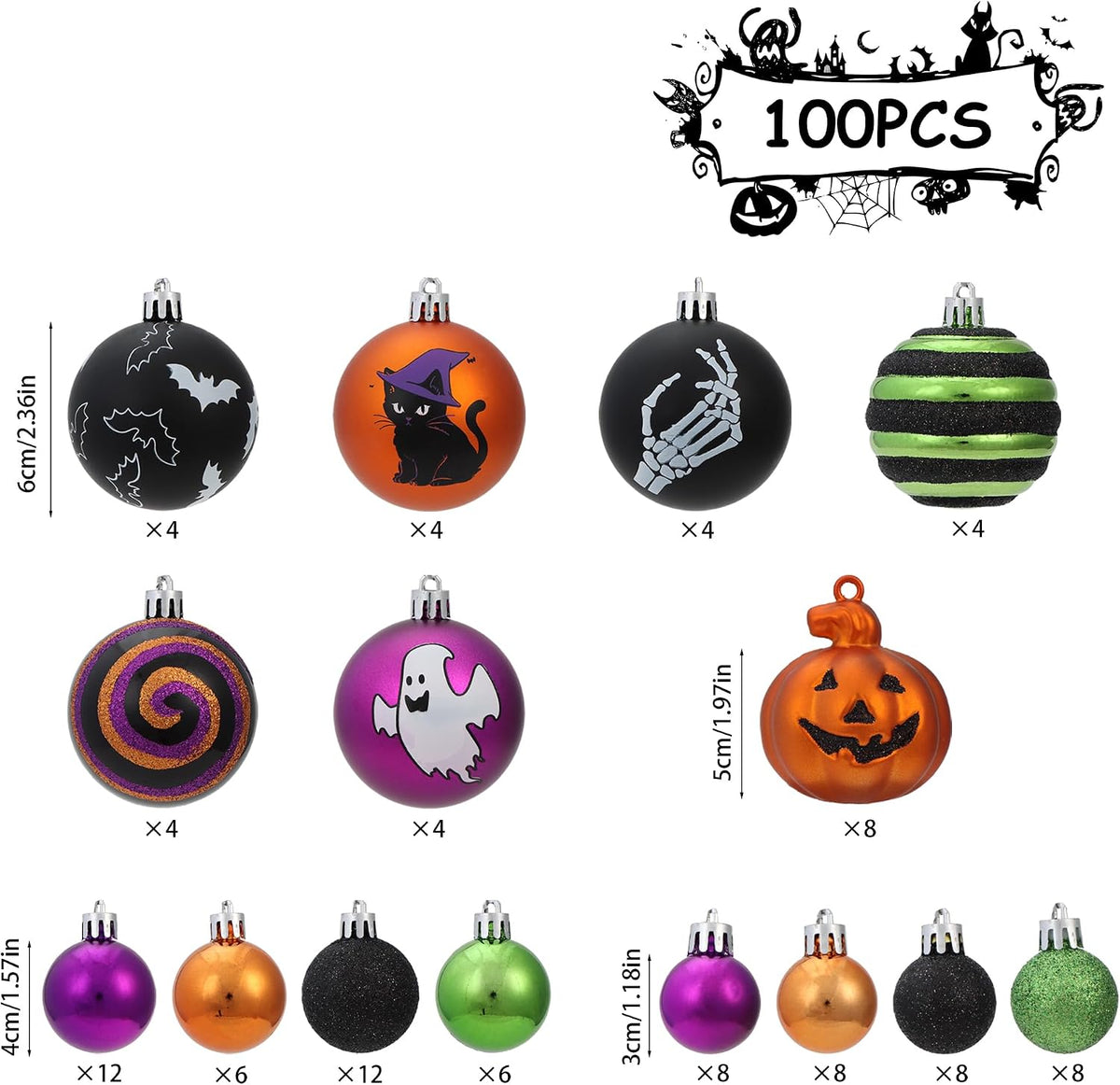 100ct Halloween Christmas Ornaments 2.36" Shatterproof Tree Decorations Set