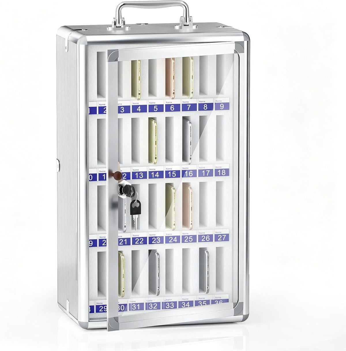 Aluminum Alloy Cell Phone Lock Box Holder for Classroom, 36 Slots, Silver