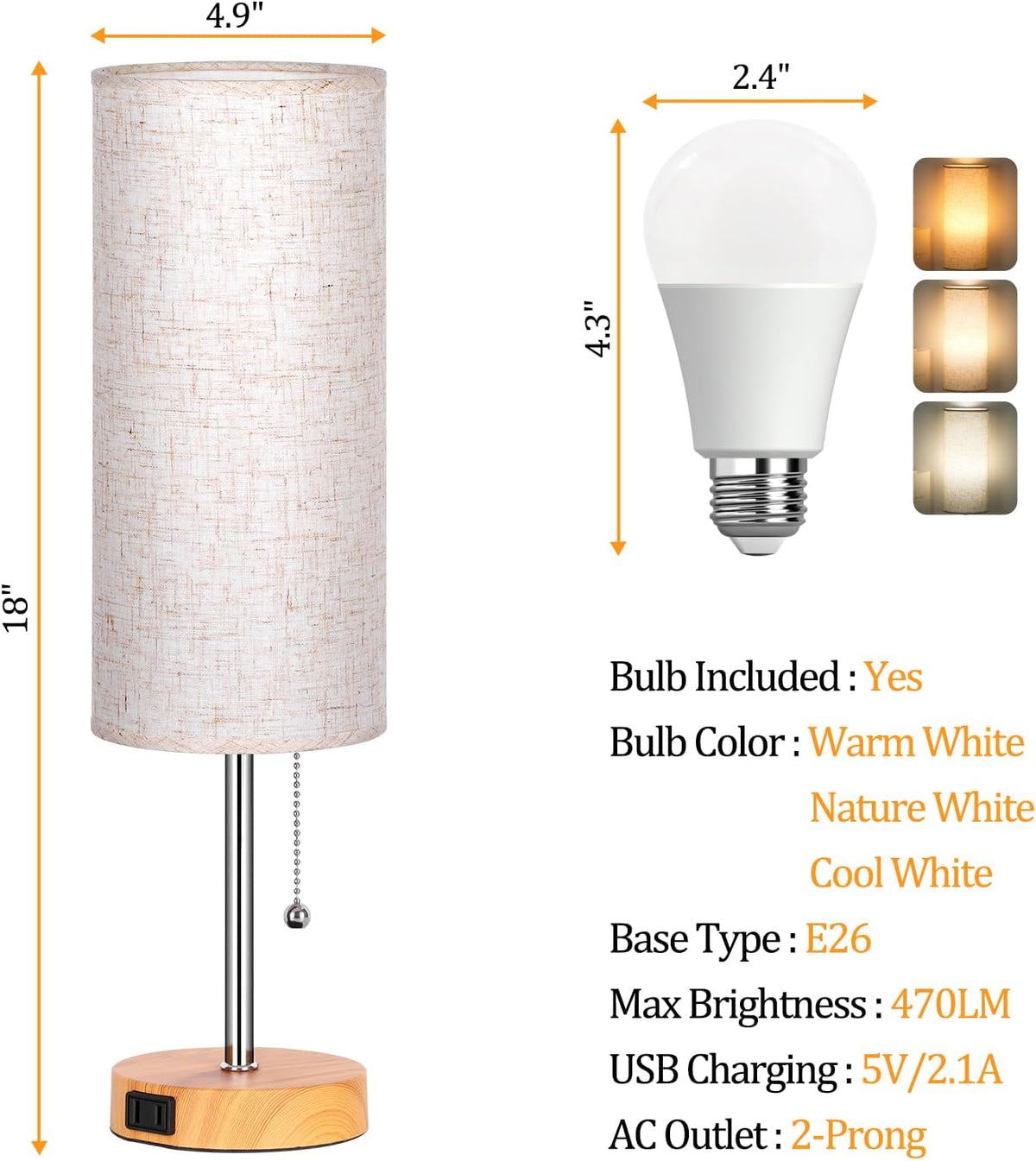 Dott Arts 18" Table Lamp for Bedroom, 3-Color Bedside Lamps with Pull Chain