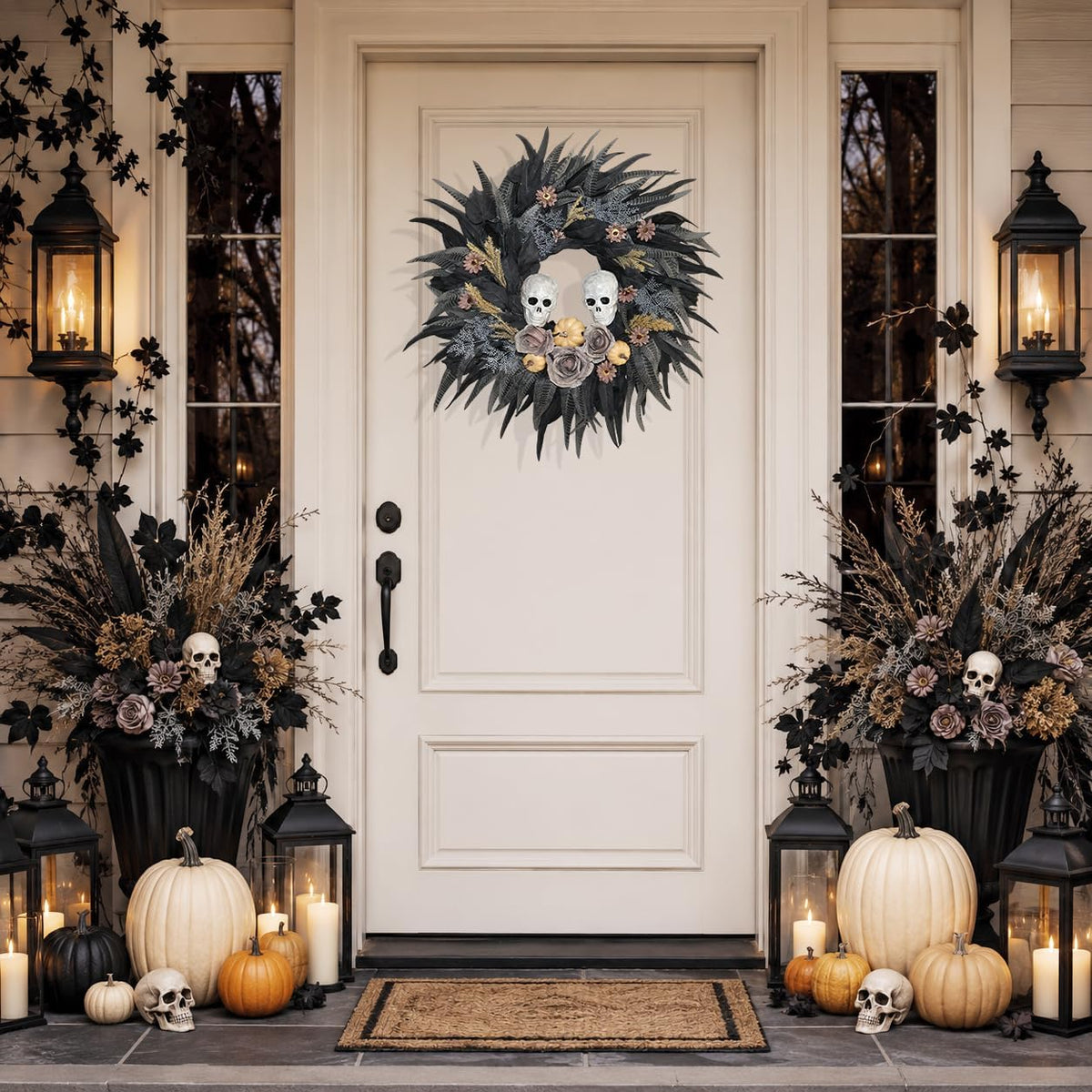 24" Halloween Wreath with 2 Skulls, 3 Pumpkins and Withered Roses