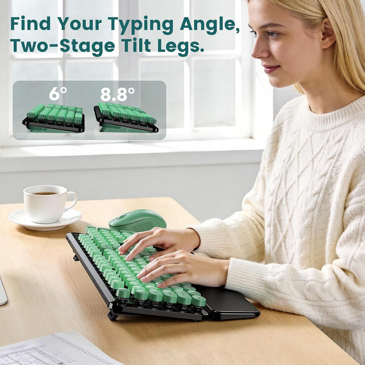 Wireless Keyboard Mouse, Magnetic Wrist Rest, Round Keycaps, Green & Black