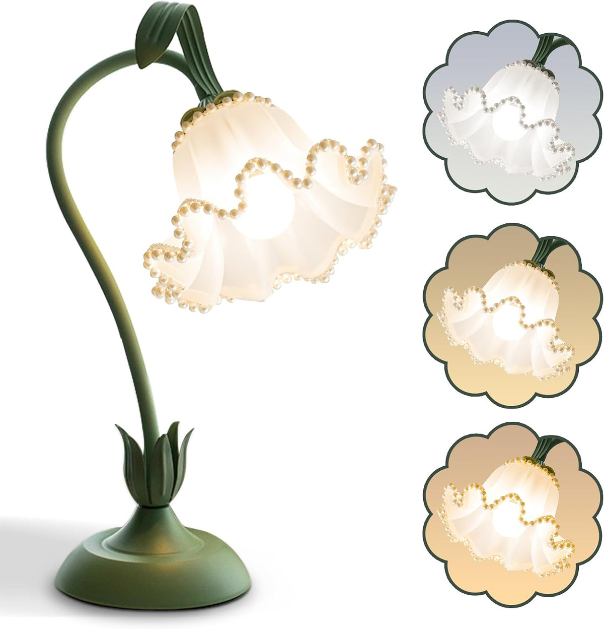 Flower Table Lamp, LED Reading Light Vintage Night light (Green Pearls)