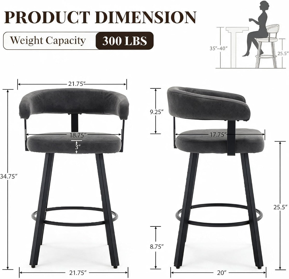 Shunzhi Modern Counter Height Bar Stools Set of 4 PU Leather Barstools with B...