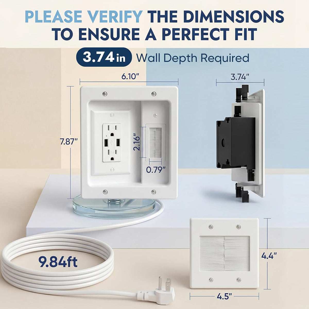 in-Wall Cable Management Kit, Recessed TV Outlet Box with Dual AC + 2 USB Por...