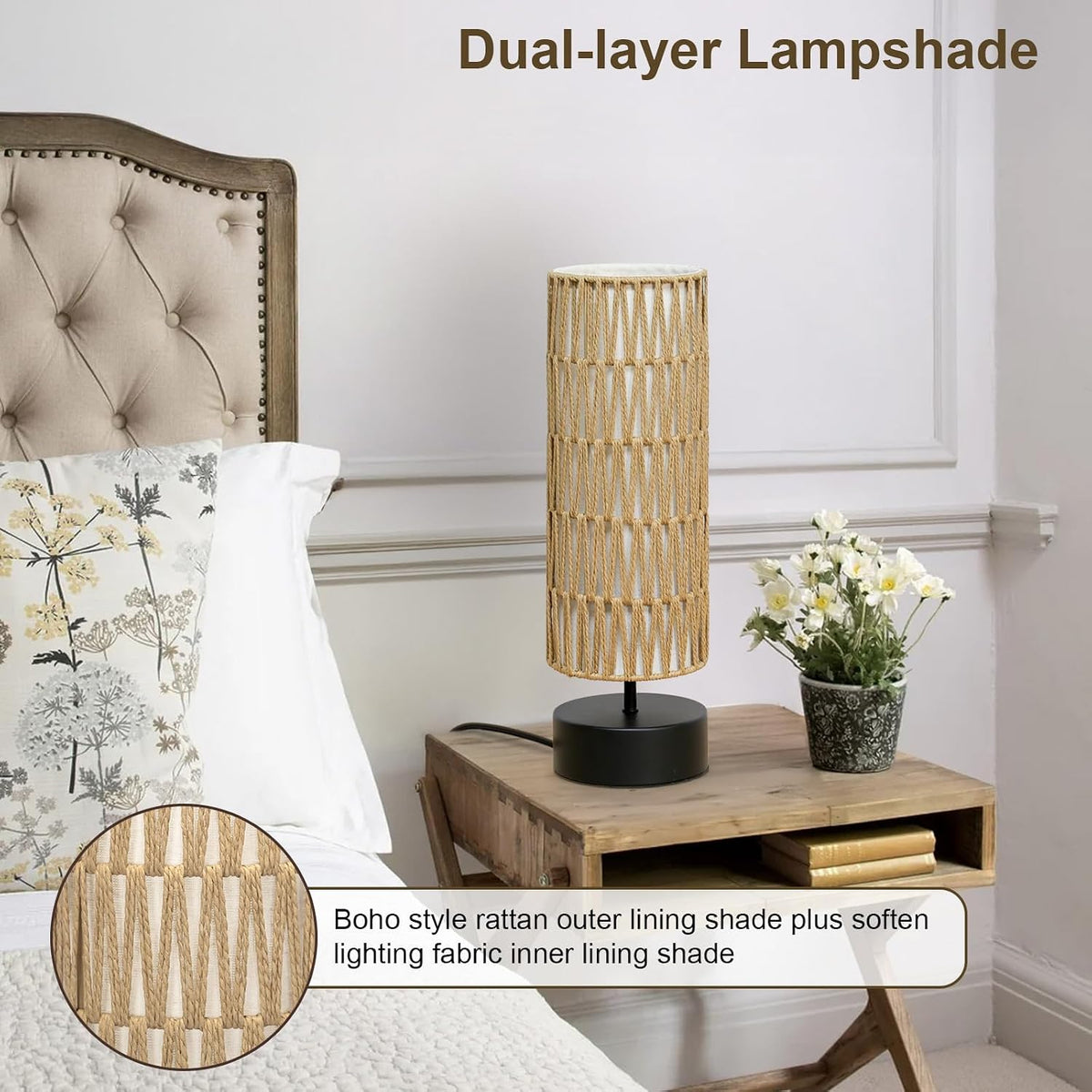 Rattan Table Lamp, Touch Control Bedside Table Lamp with Black Base, 3 Way Di...