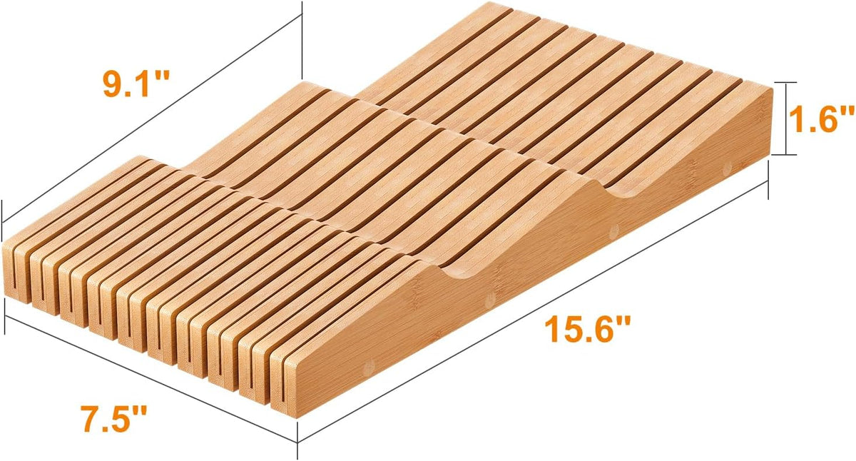 In-Drawer Knife Block Organizer - Bamboo Wood Drawer Knife Organizer-Protecti...