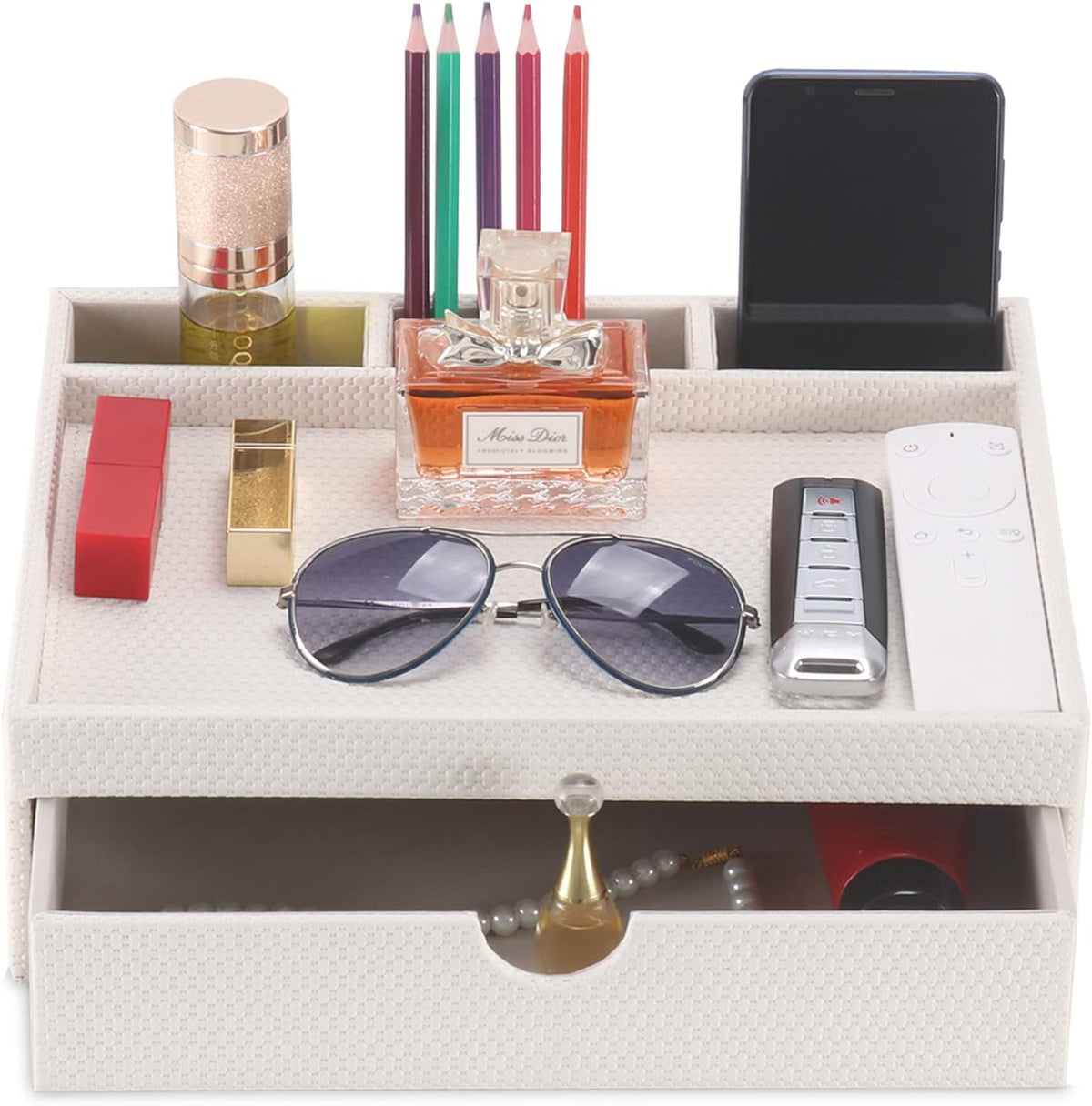 Leather Desk Organizer With Drawers, Home Cosmetics & Phone Remote Organi...