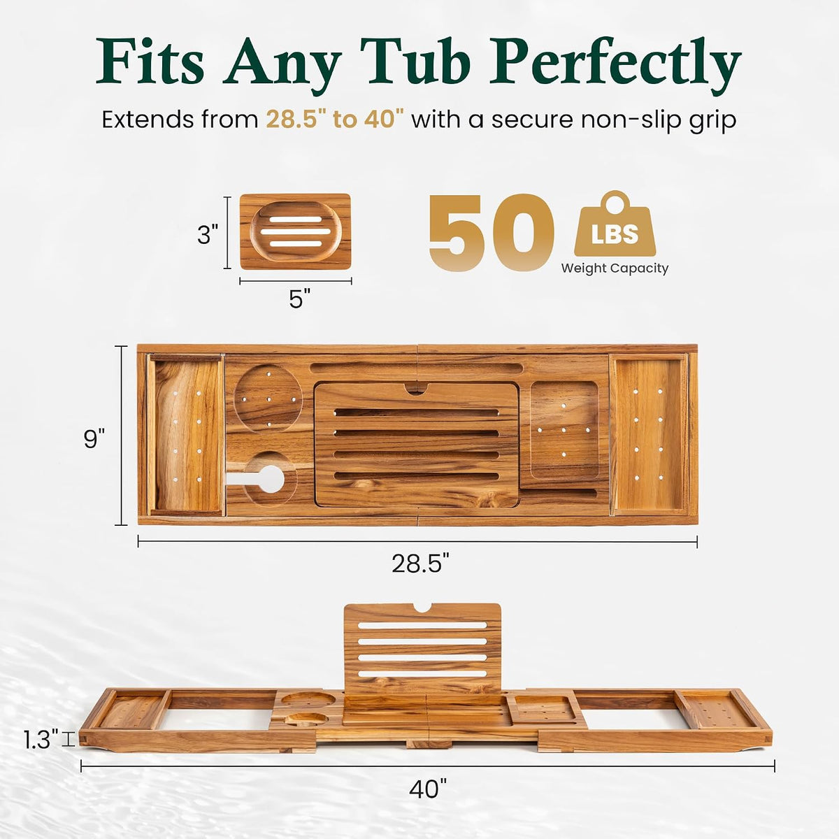 Teak Bathtub Tray Caddy, Natural Unfinished Wood Bath Organizer