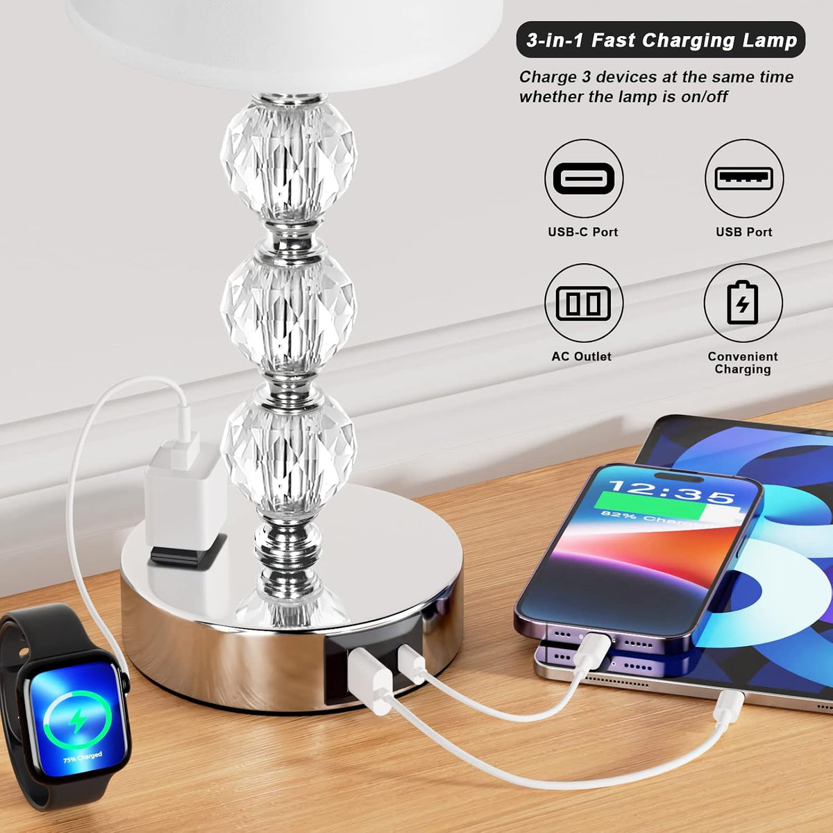 Crystal Touch Lamps for Nightstand, 3 Way Dimmable with Charging Station