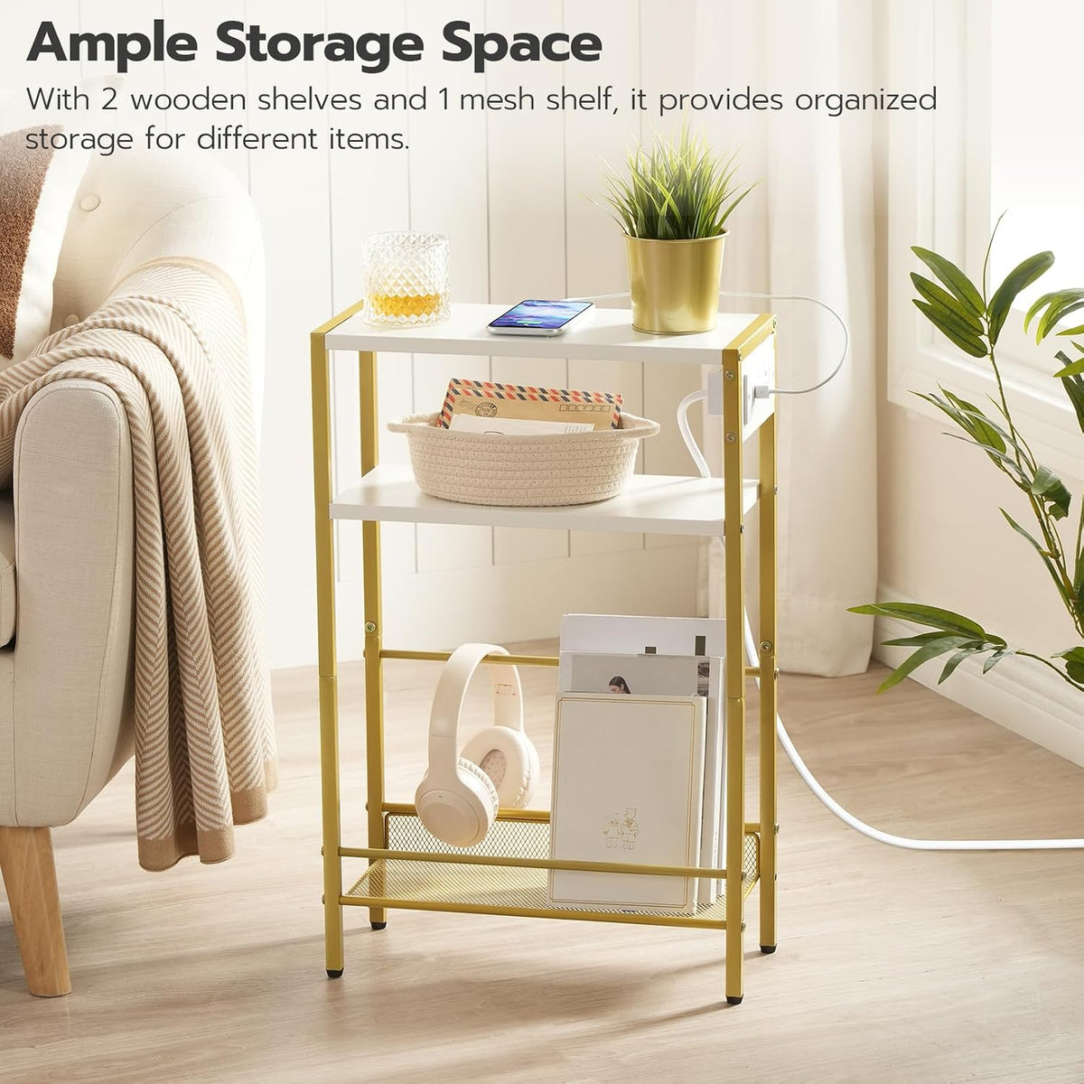 HOOBRO Small Narrow Side Table with Charging Station, Skinny End Table for Sm...