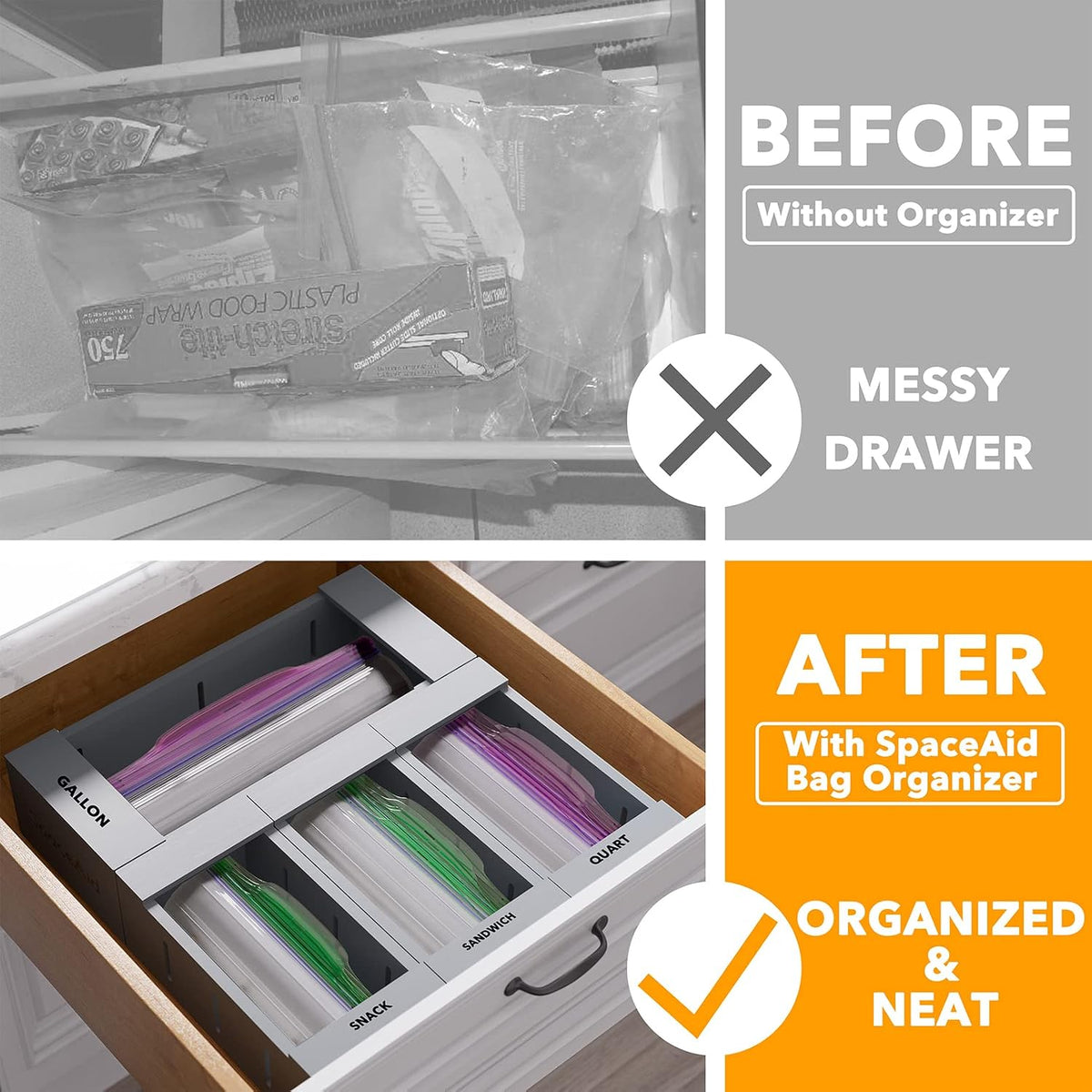 SpaceAid Bag Storage Organizer for Kitchen Drawer, Bamboo Organizer, Compatib...