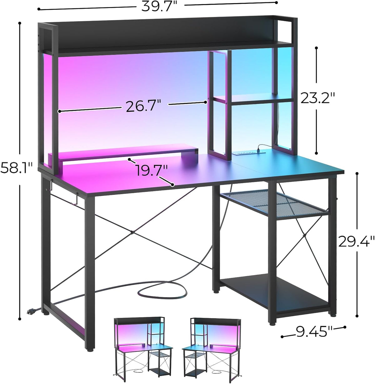 Cyclysio Gaming Desk with Hutch, 39'' Computer Desk with LED Lights &...