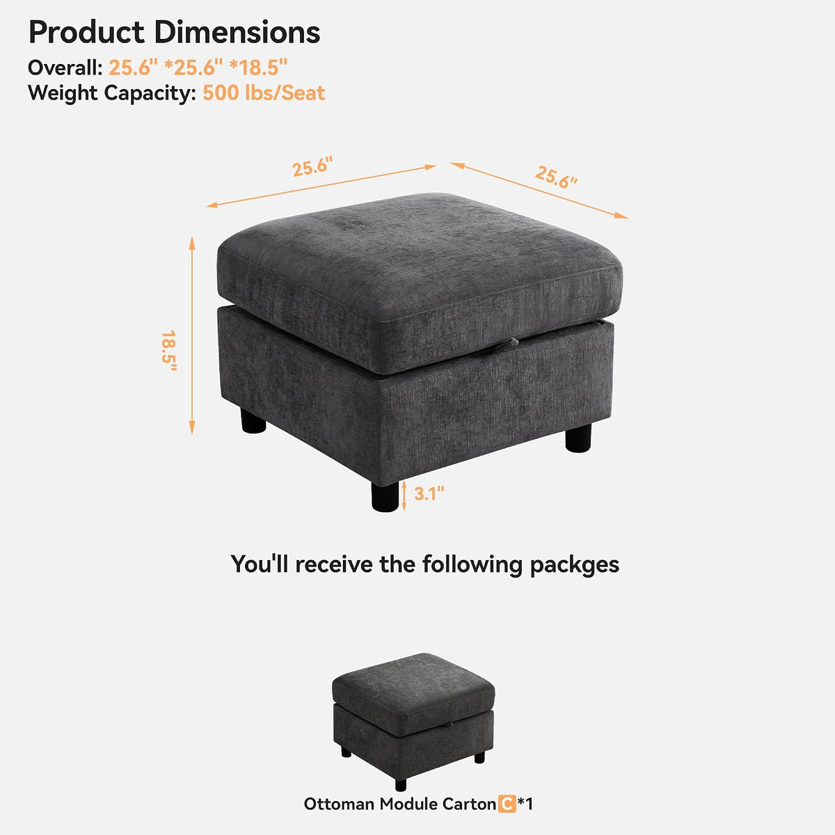 WUTUTUEE 25" Square Storage Ottoman for Modular Couch, Convertible Footr...