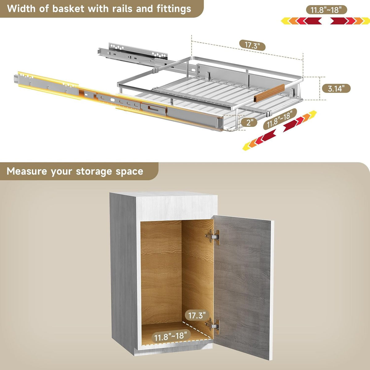 11.8~18"x17.3" Pull Out Cabinet Organizer,2Pack Expandable Sliding ...