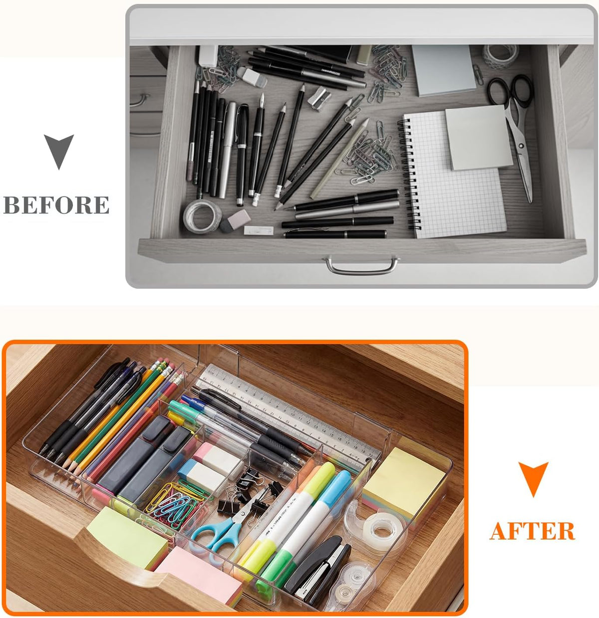 Briwooody 2 Pcs Expandable Drawer Organizer, Clear, 8 Compartments