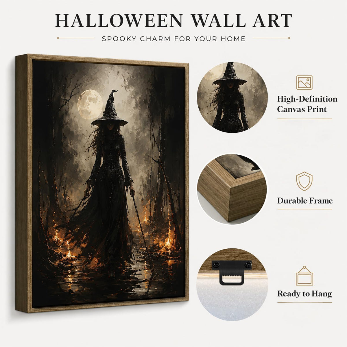 Halloween Framed Wall Art, Dark Witch in Moonlit Forest Halloween Pictures