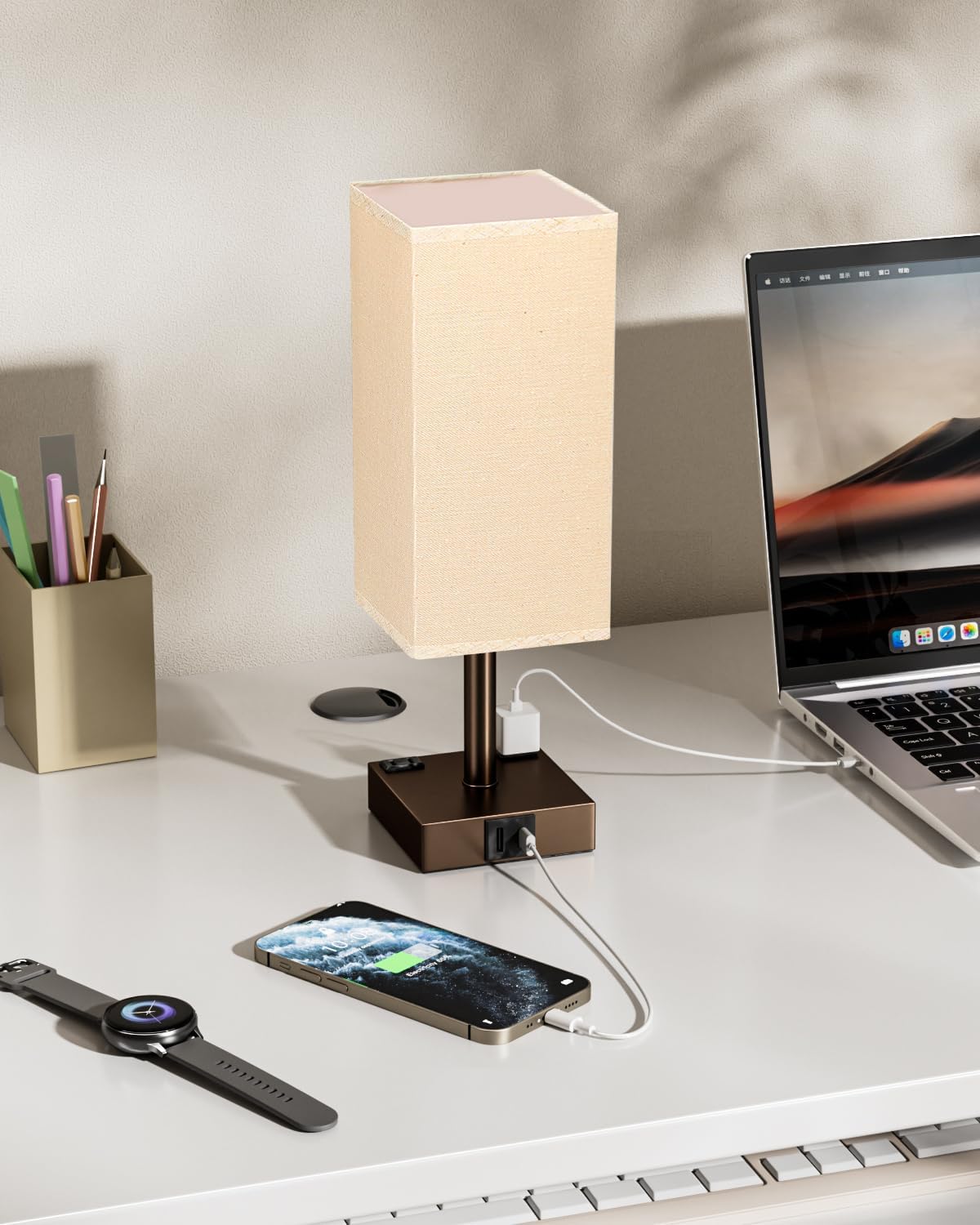 Brown Touch Table Lamp for Bedroom - Dimmable, USB C+A, 2 AC Outlets