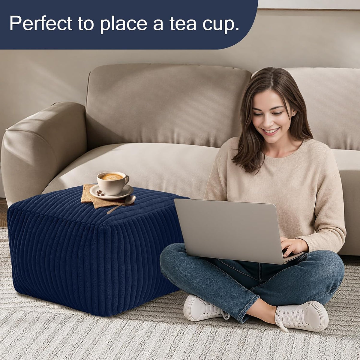 MeMoreCool Square Pouf Ottoman Foot Rest, 15 Inch Faux Fur Pouf, Navy