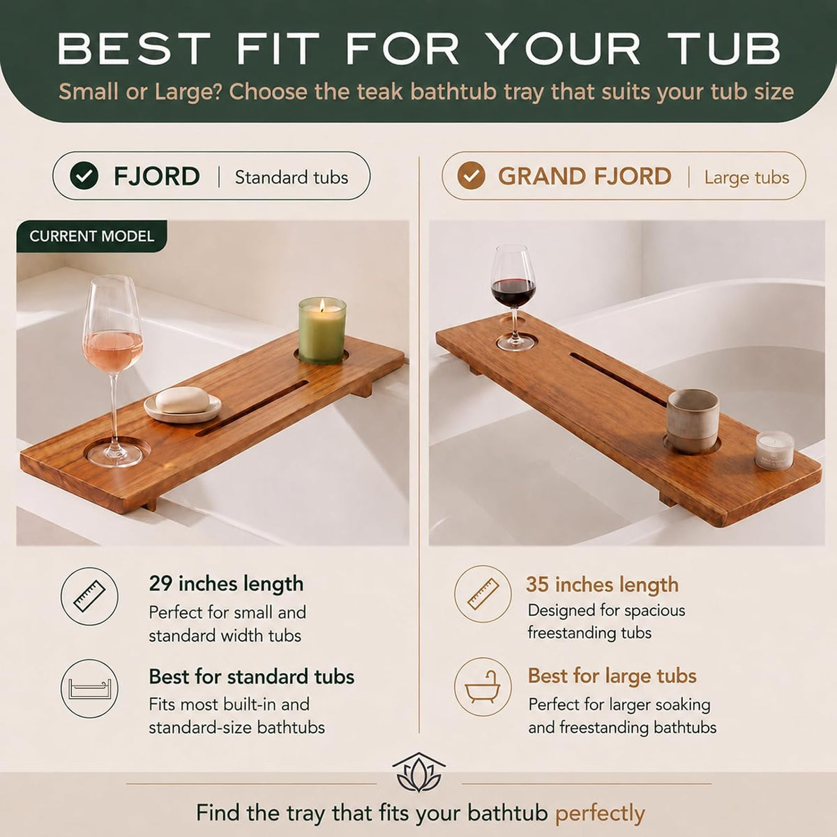 Fjord 29" Premium Teak Bathtub Tray for Small & Standard Tubs