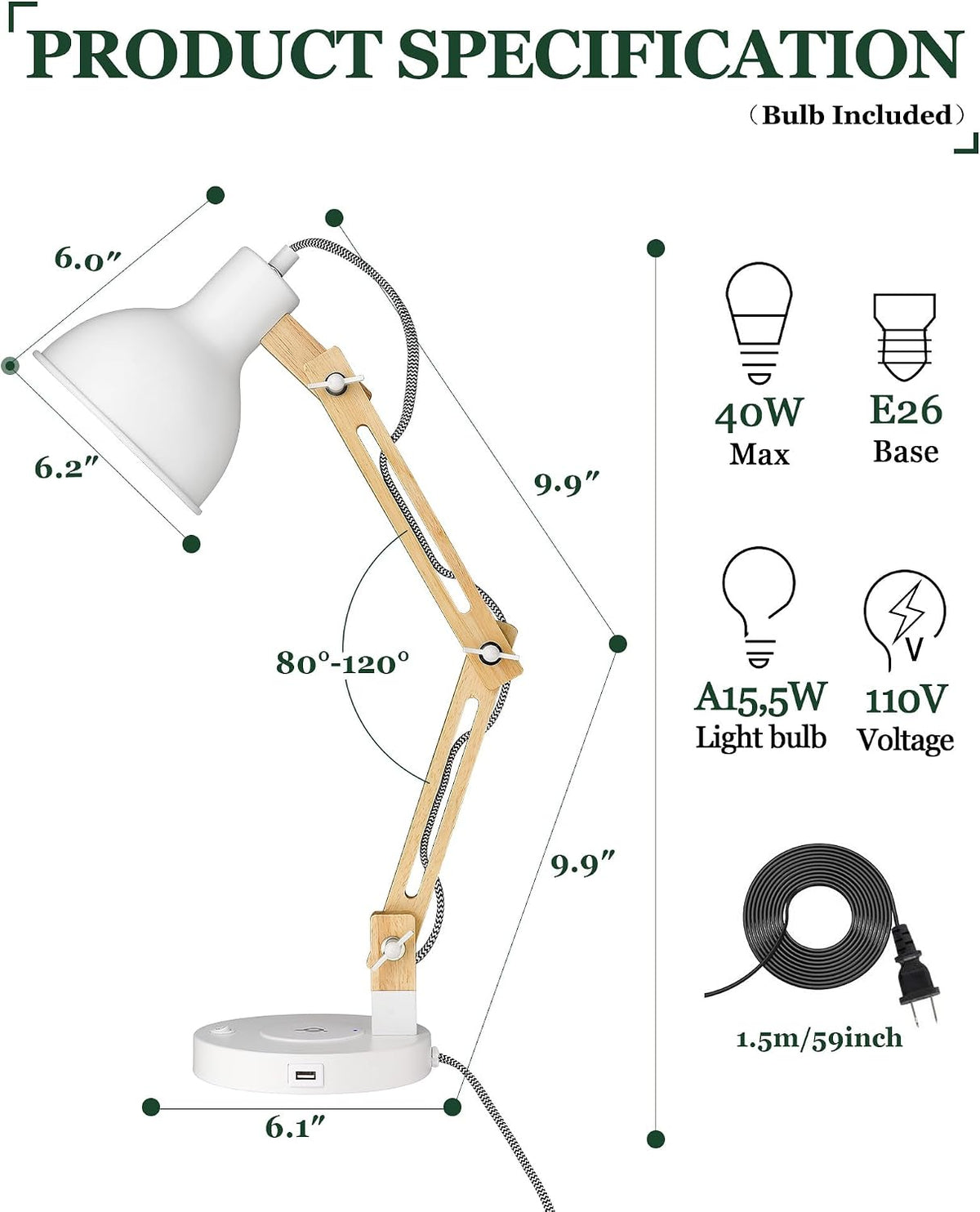 ELYONA Japandi White Desk Lamp with Wireless Charger, Solid Wood Table Lamp w...