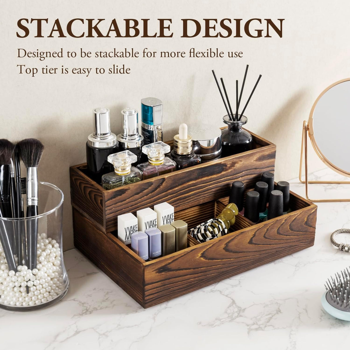 MyGift Counter Storage Organizer, 2 Tier Rustic Burnt Solid Wood Stackable Mo...