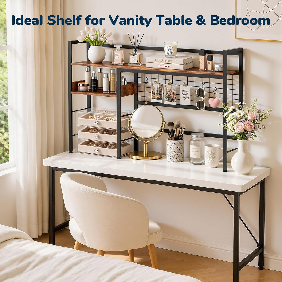 Desk Shelf, 44.9" Desk Hutch with Pegboard Hooks Set, Rustic Brown