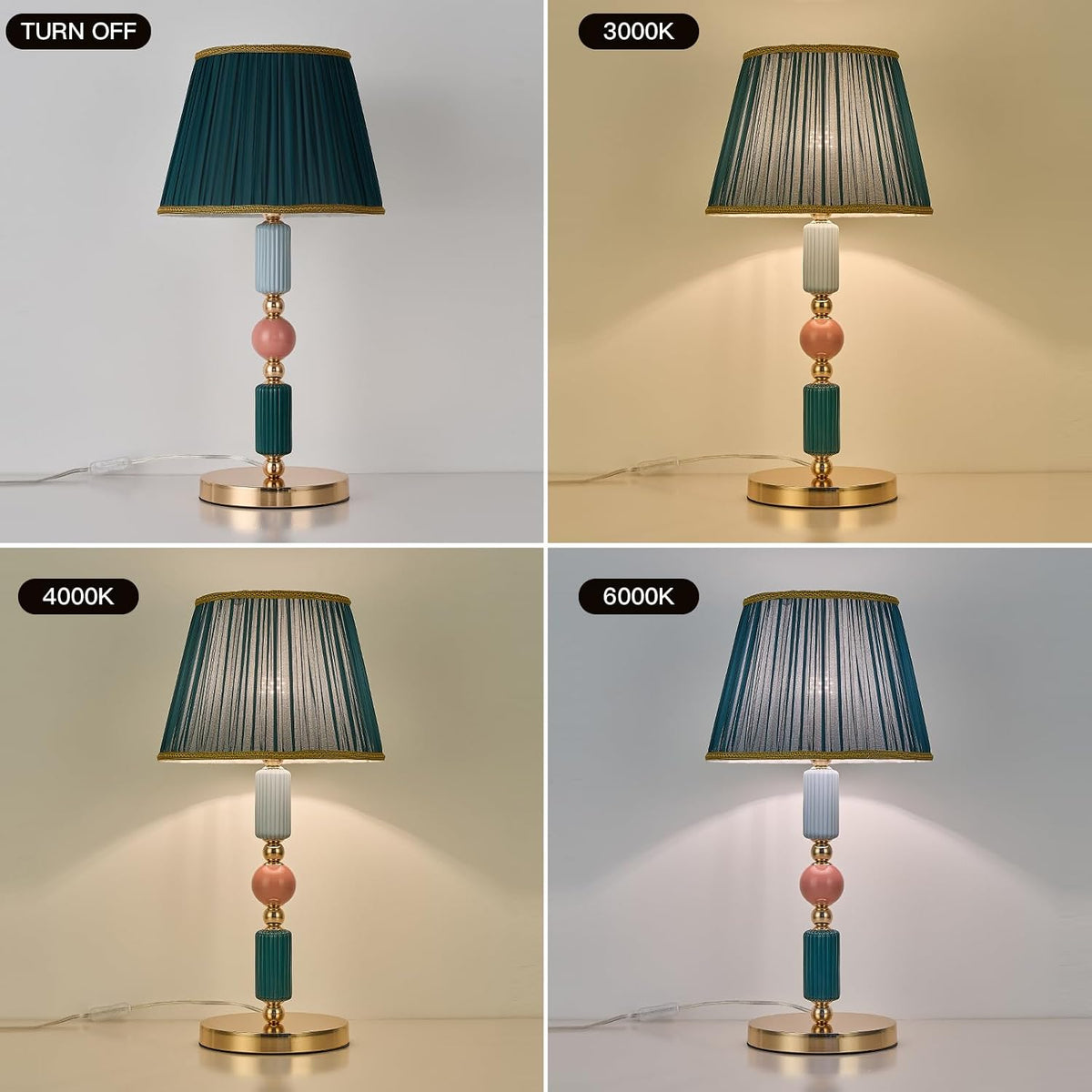 Green Fabric Shade Table Lamp Modern Metal Desk Lamp with Plug Cord Switch fo...