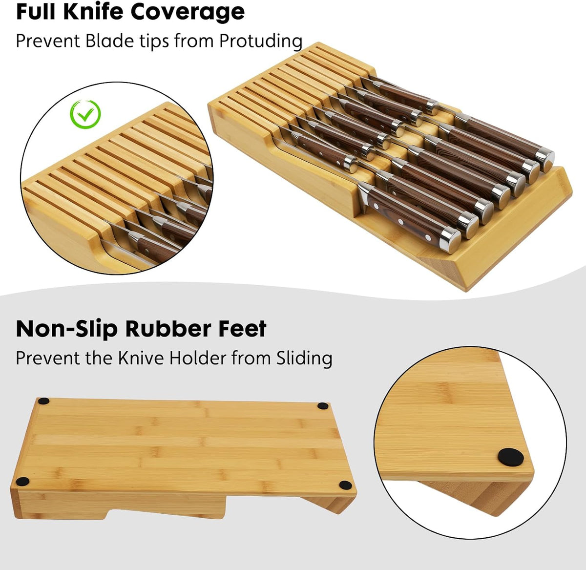 Bamboo Kitchen Drawer Knife Block, In drawer Knife Holder, Knife Drawer Organ...