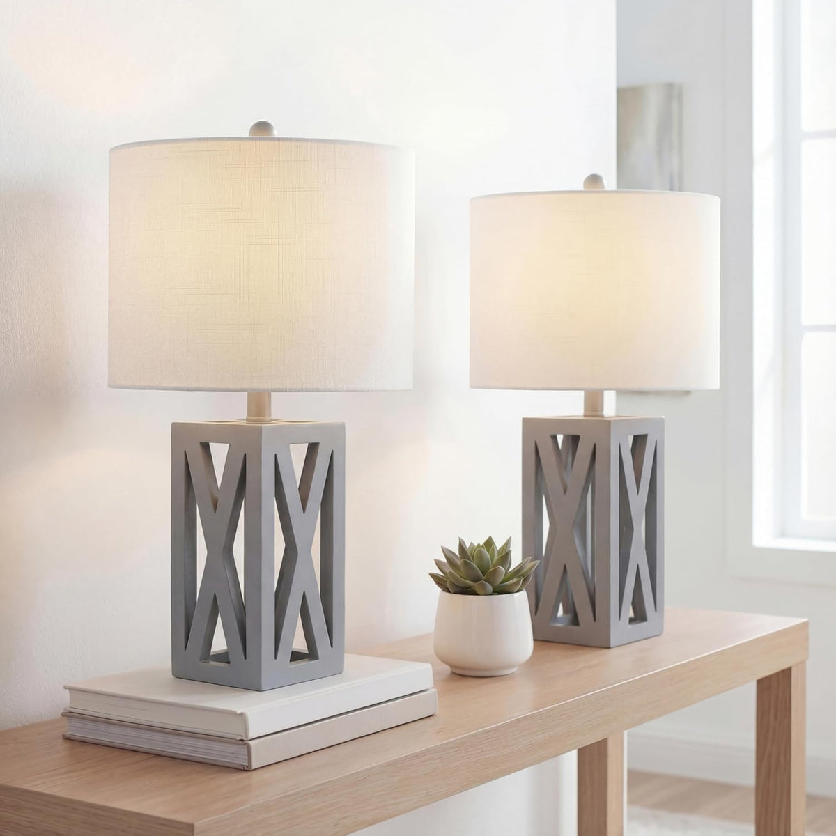 JONATHAN Y Stewart Rustic Wood Bedside Table Lamp 21.5", Gray, Set of 2