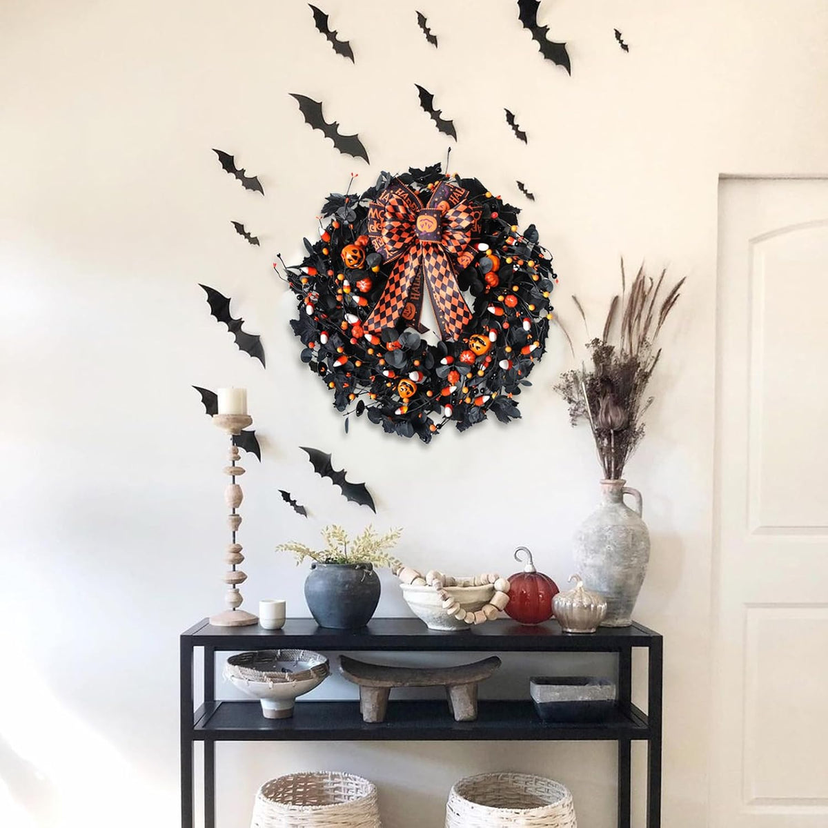 22inch Black Halloween Wreaths for Front Door Bow Decorative