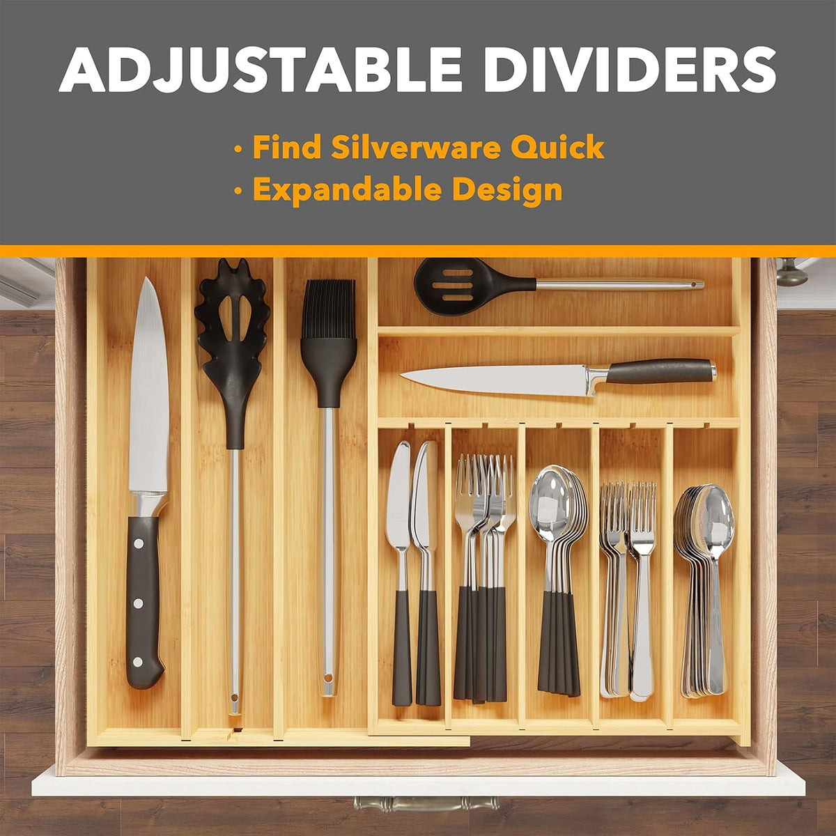 SpaceAid 2.5" High Bamboo Silverware Drawer Organizer with Labels, Kitch...
