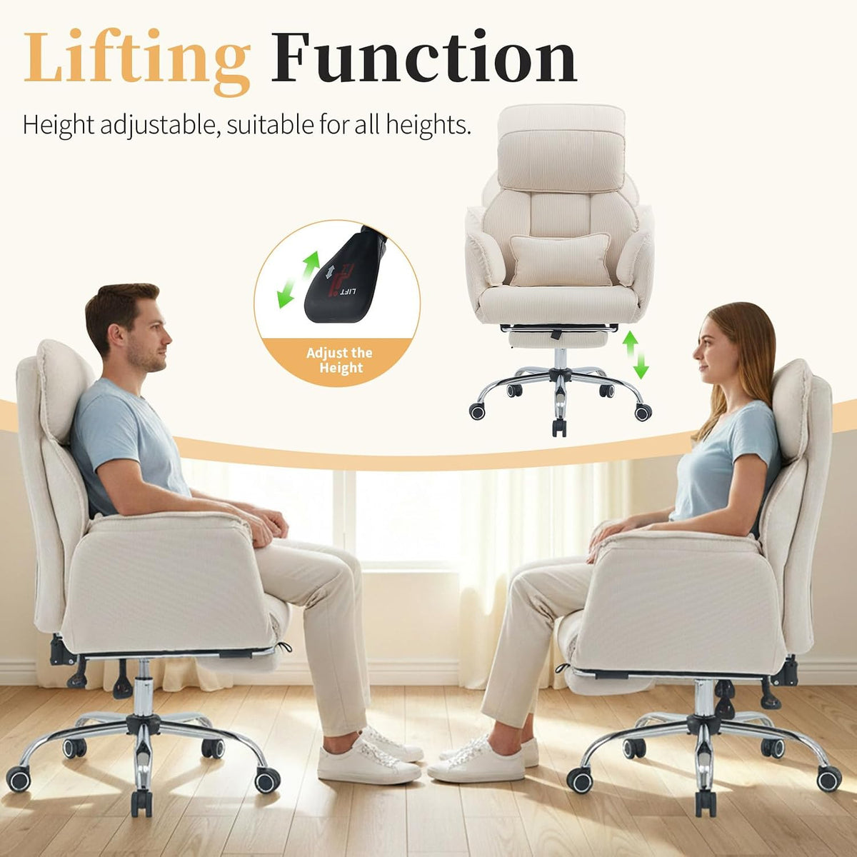 Criss Cross Office Chair with Footrest - 5-Gear Flat Armrests Corduroy Desk C...