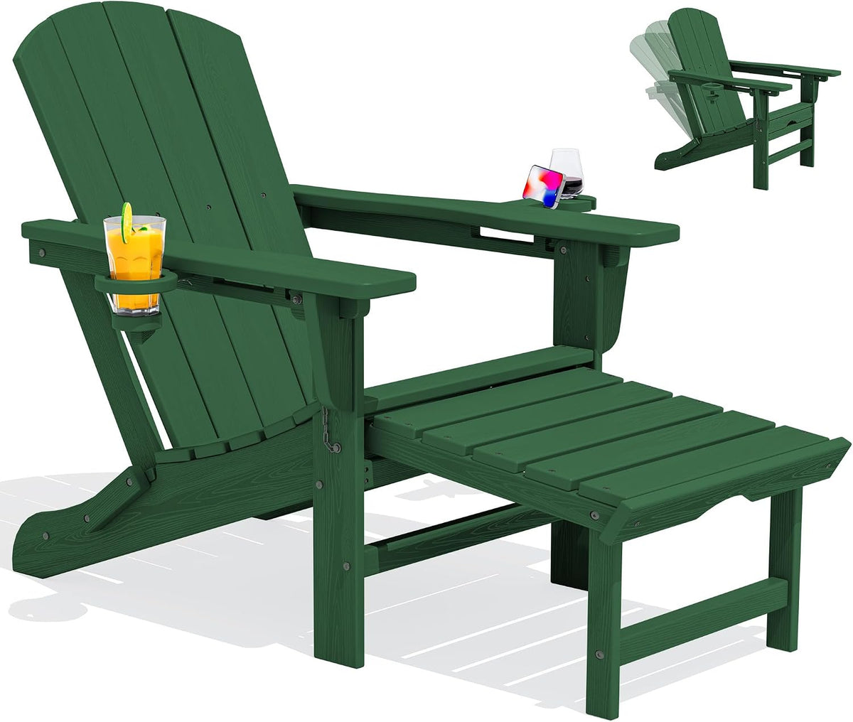 SERWALL HDPE Folding Adjustable Adirondack Chair with Footrest, Green