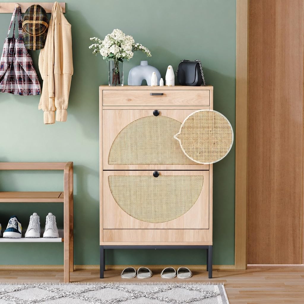 Yechen Shoe Rack Storage Organizer with 2 Natural Semi-Circular Rattan Doors,...