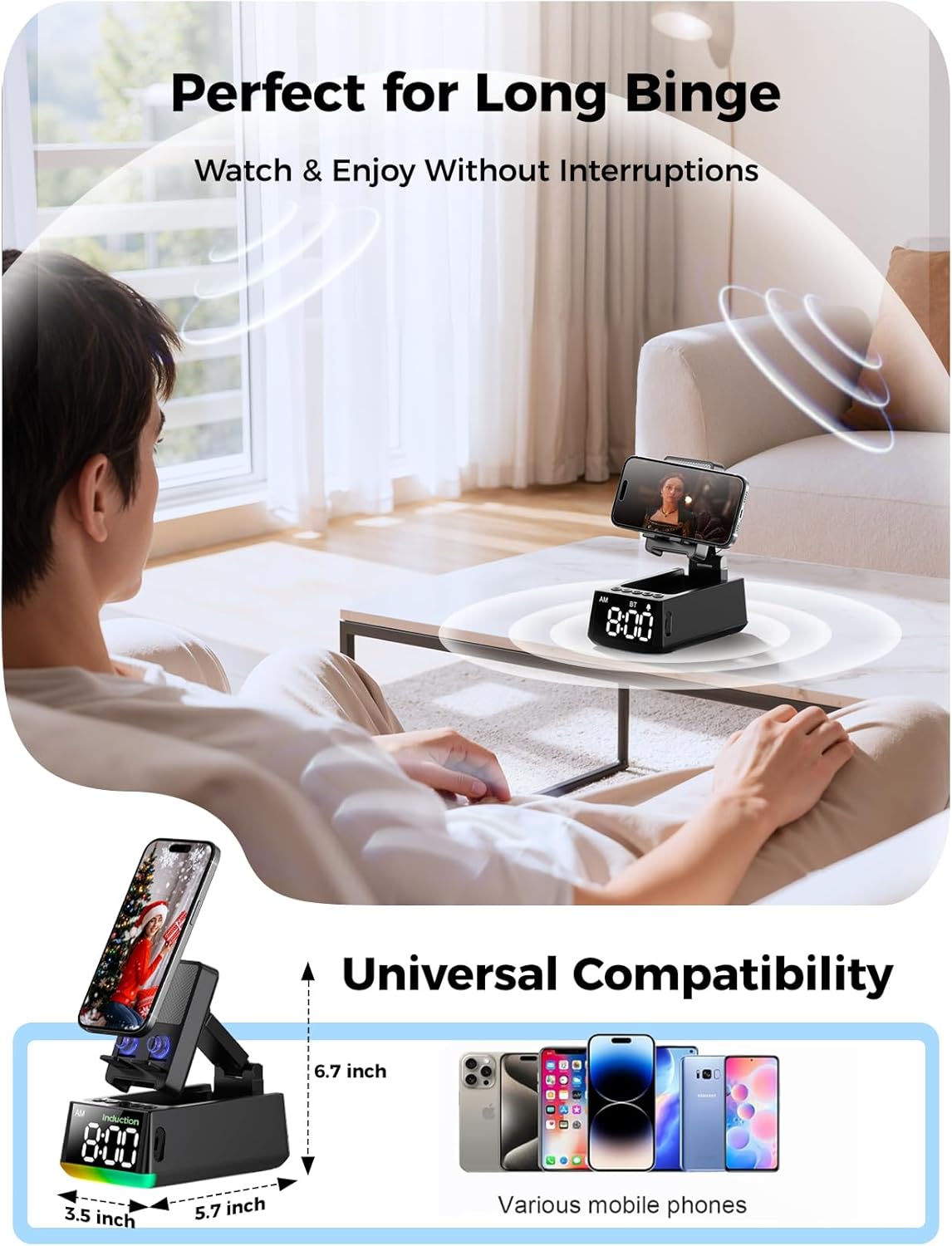 Bluetooth Speaker Birthday Gift for Men:Induction Cell Phone Stand Black
